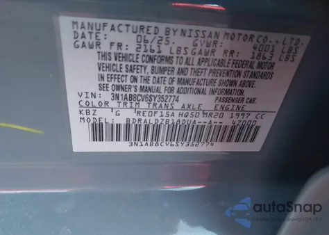2025 Nissan Sentra Sv from USA, damaged, VIN 3N1AB8CV6SY352774